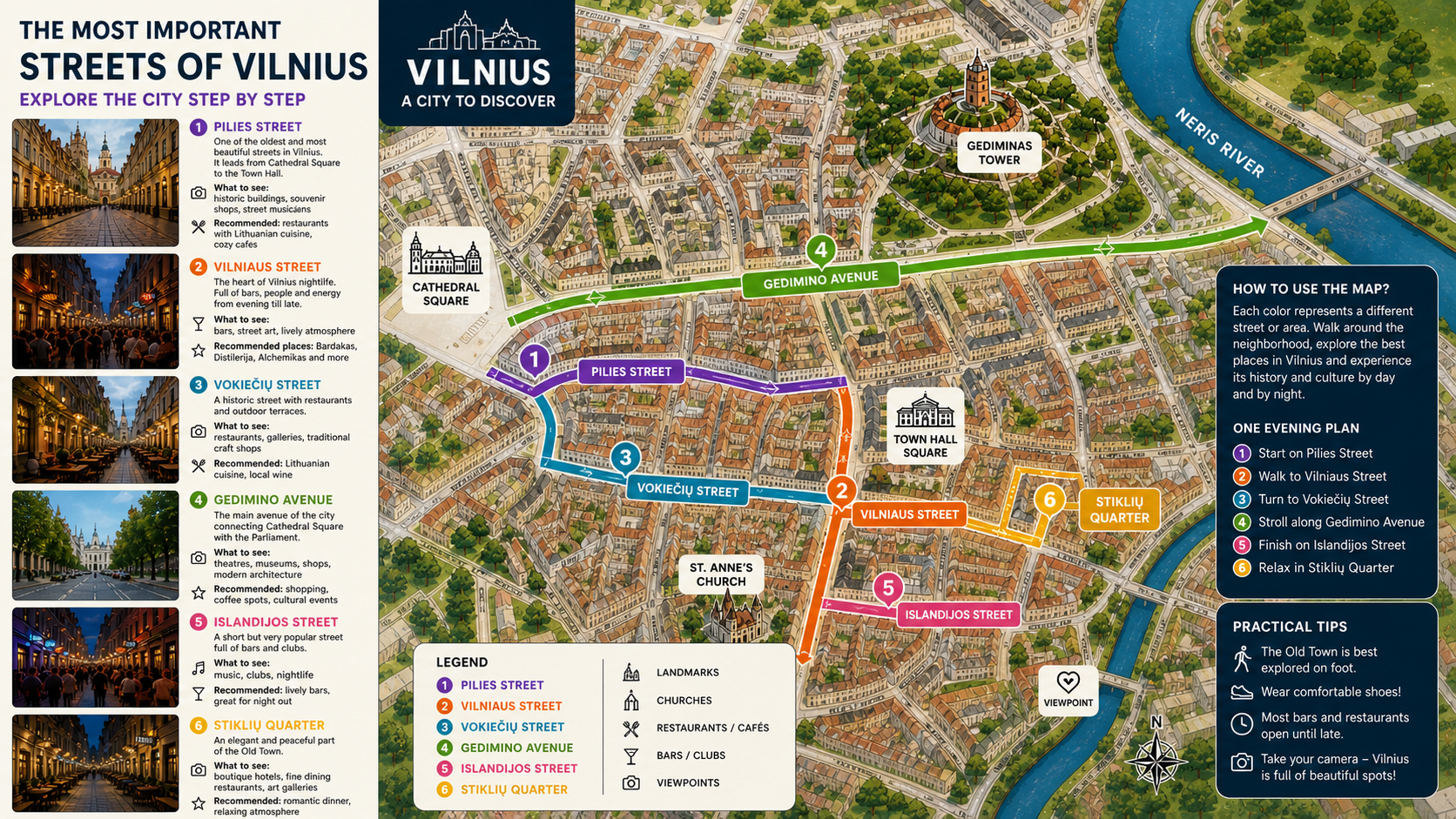 Map of the most important streets of Vilnius with a route