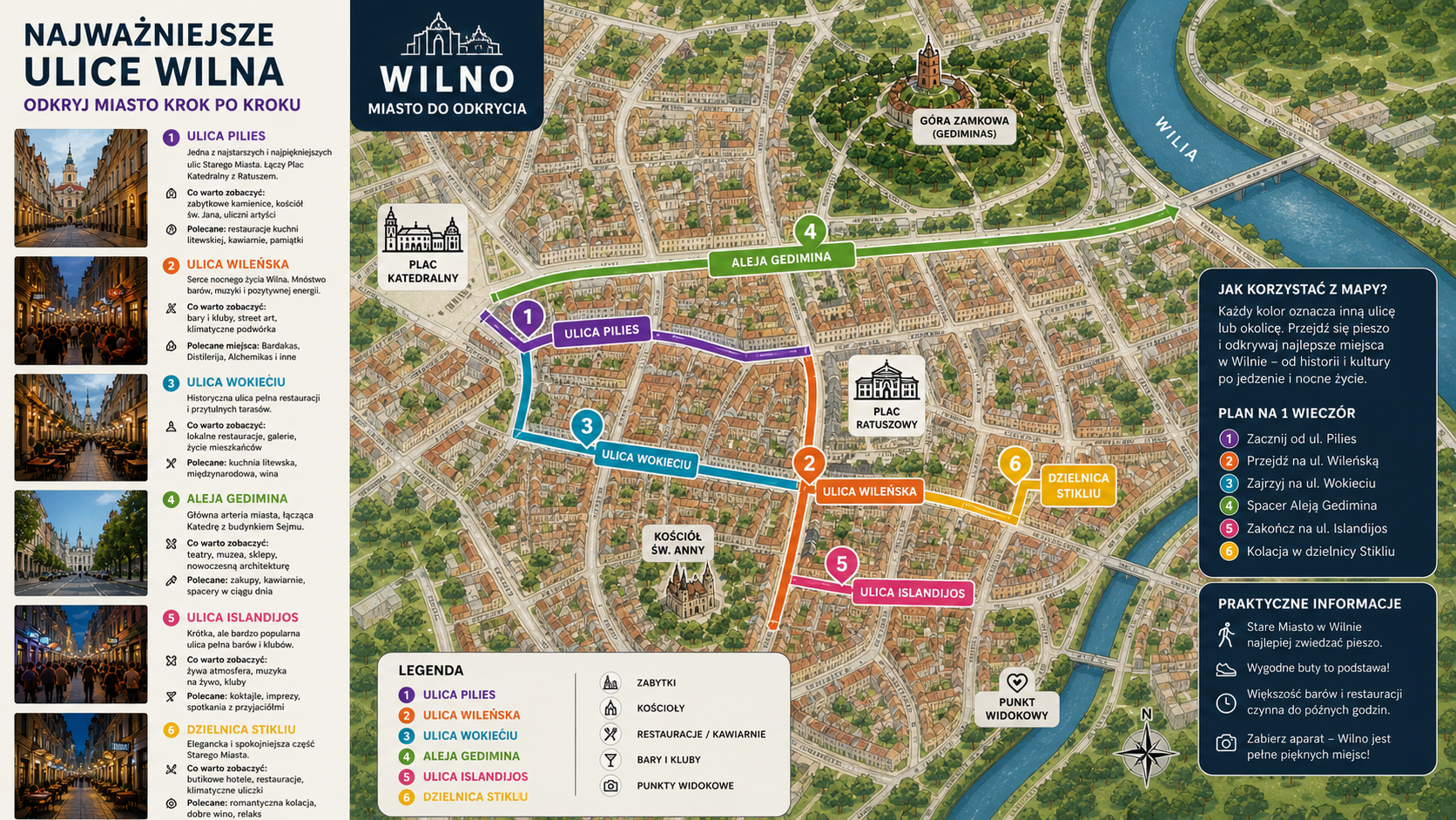 Mapa najważniejszych ulic Wilna z trasą