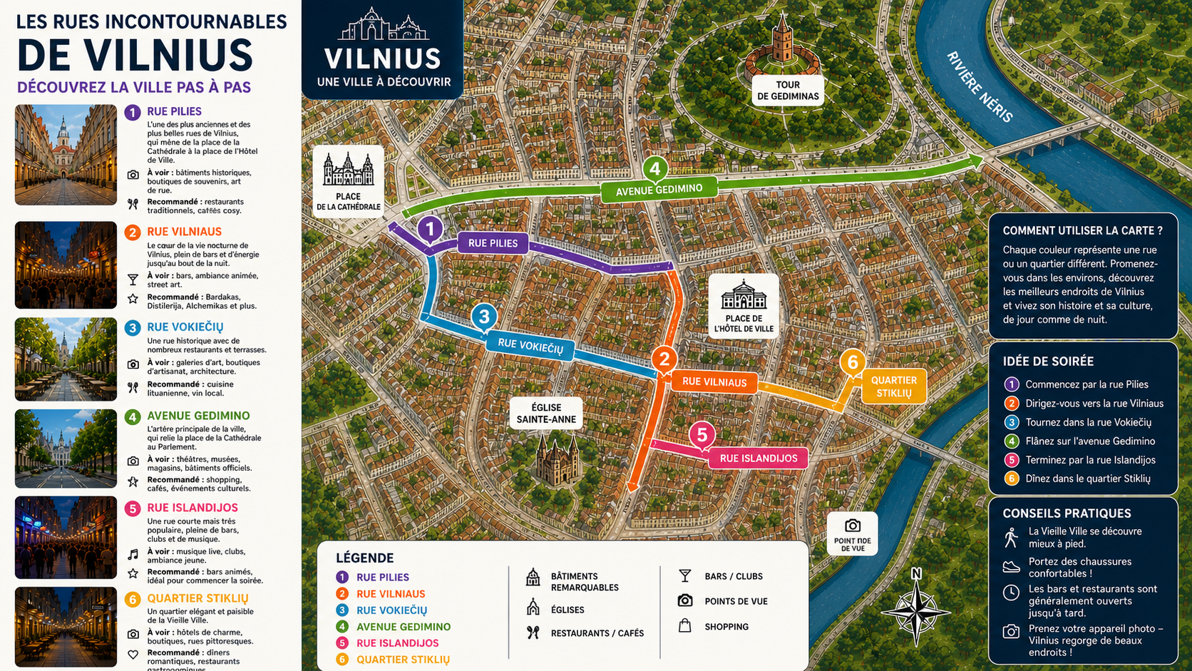 Carte des rues les plus importantes de Vilnius avec un itinéraire