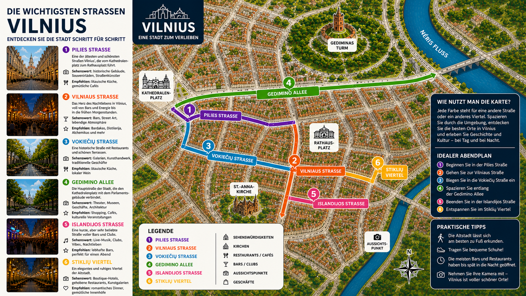 Karte der wichtigsten Straßen von Vilnius mit Route